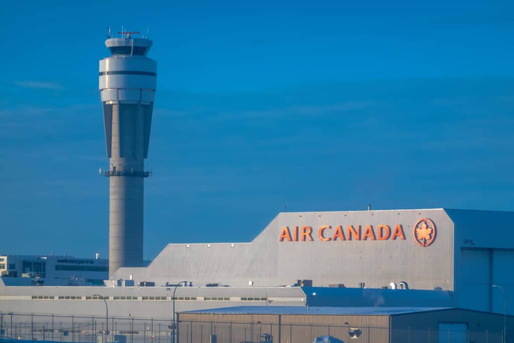 A view of the Air Canada office and air transport tower at Pearson airport, Toronto.