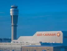 A view of the Air Canada office and air transport tower at Pearson airport, Toronto.