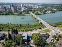 An aerial drone photo of downtown Saskatoon