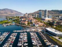 Drone aerial view of the marina yacht club and waterfront of the city of Kelowna, British Columbia, Canada, located in the Okanagan Valley.