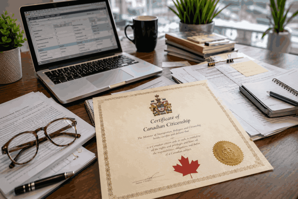 A returned citizenship certificate sits atop a crowded office desk.