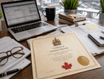 A returned citizenship certificate sits atop a crowded office desk.