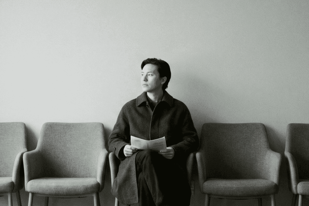 A man waits disappointedly for his citizenship interview in an empty waiting room, surrounded by empty chairs.