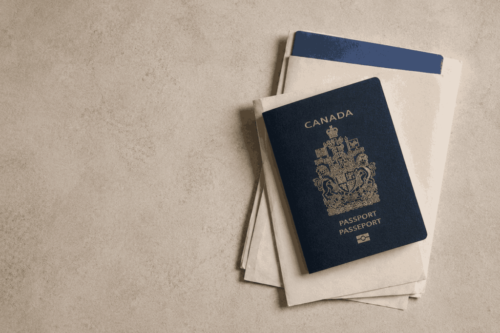 A picture of a Canadian passport sitting atop a desk.