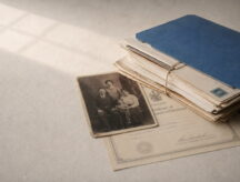 A picture of a family photo on top of a citizenship certificate and next to a binder filled with family documents.