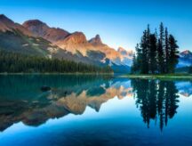 Spirit Island and Maligne Lake at dusk. Jasper National Park, Alberta, Canada.