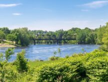 A picture of the railroad bridge on summer day is Lewiston Maine.