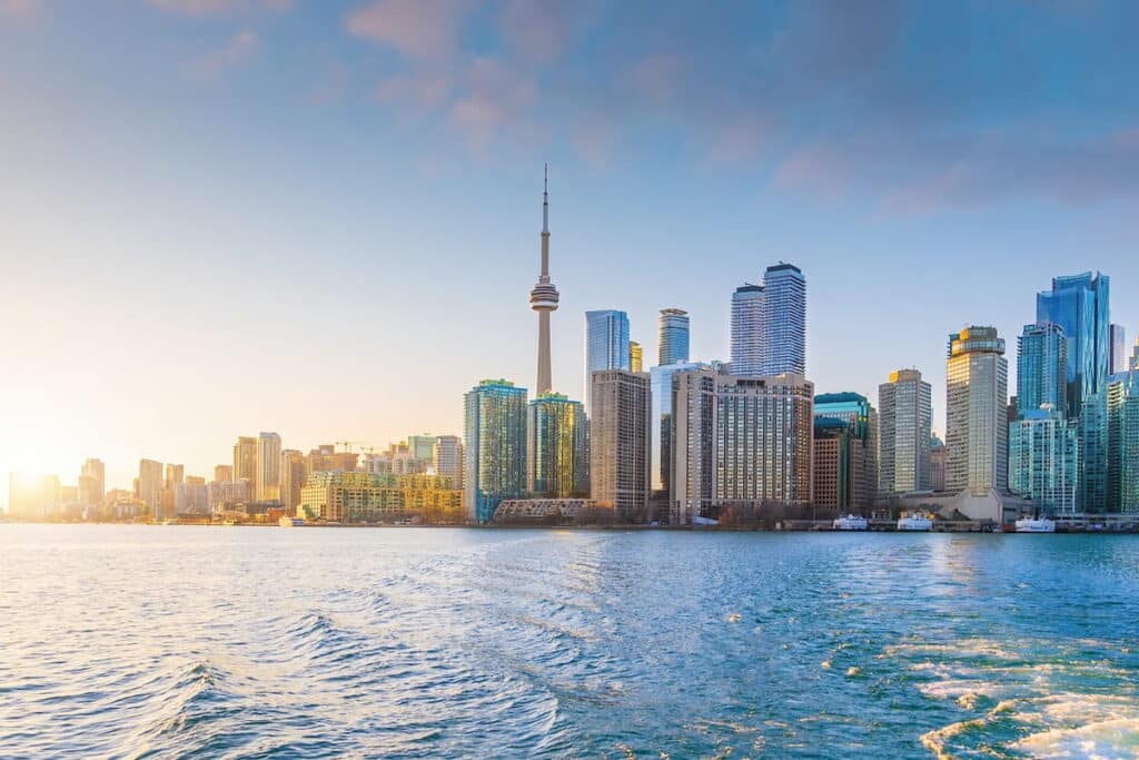 A view of the Toronto skyline on a summer sunrise.