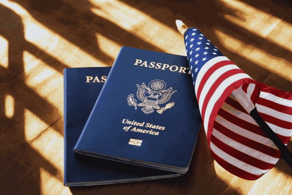 Two passports, the top passport clearly a U.S. passport, lying on a table beside a small American flag.