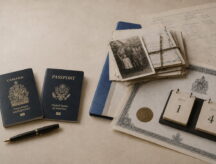 A busy desk with a Canadian and American passport, and a calendar marking both the Canadian and American independence days.