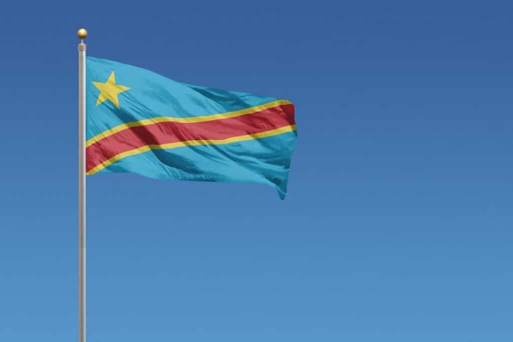The national flag of the Democratic Republic of the Congo.