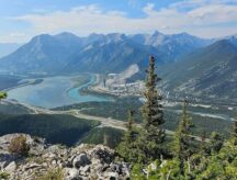 Aerial view of Lac des Arcs and the winding Bow River in the Bow Valley, Alberta, Canada.