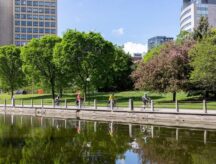 People riding bikes along Rideau Canaal in Ottawa, Canada.