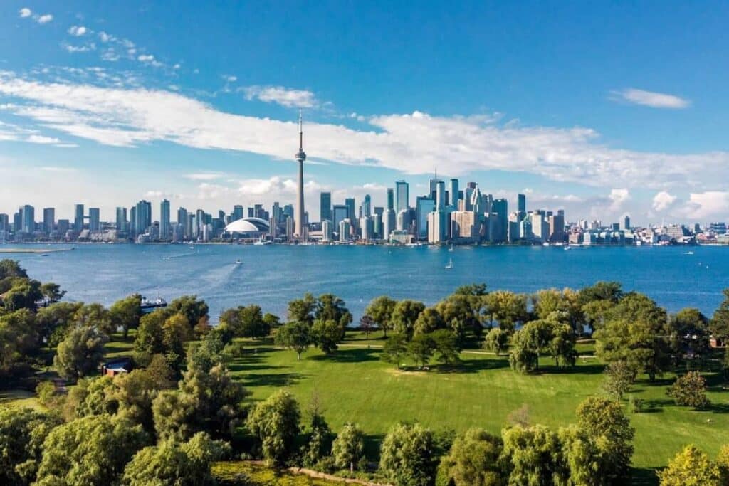 Toronto skyline and Lake Ontario aerial view, Toronto, Ontario, Canada.