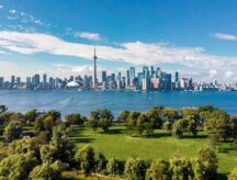 Toronto skyline and Lake Ontario aerial view, Toronto, Ontario, Canada.