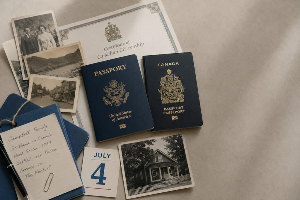 A chaotic table holding to passports and a number of scattered notes, as someone tries to trace back their family line to Canada.