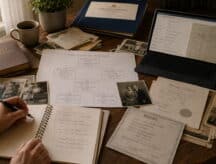 A busy desk of a Canadian citizenship by descent applicant who is tracing back their family lineage multiple generations.