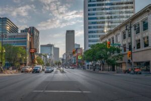 Dawn view of the intersection of Carlton Street and Portage Avenue in Winnipeg, Manitoba.