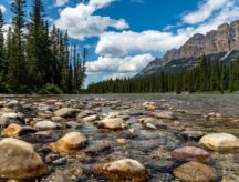Castle Mountain and Bow River in Banff National Park, located in Alberta, Canada.