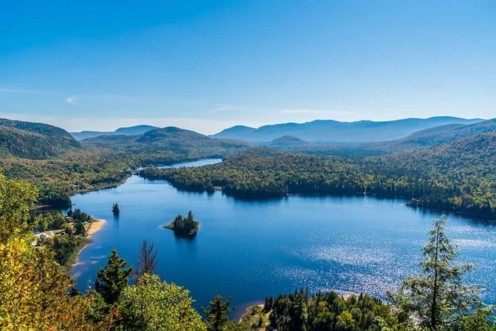 Panoramic view of Mount Tremblant Park and Lake Monroe in Quebec, Canada.