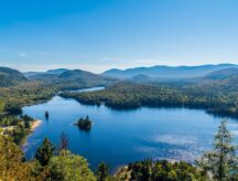 Panoramic view of Mount Tremblant Park and Lake Monroe in Quebec, Canada.