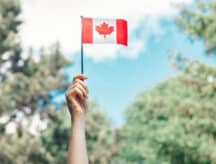 A hand holding up a small Canadian flag.
