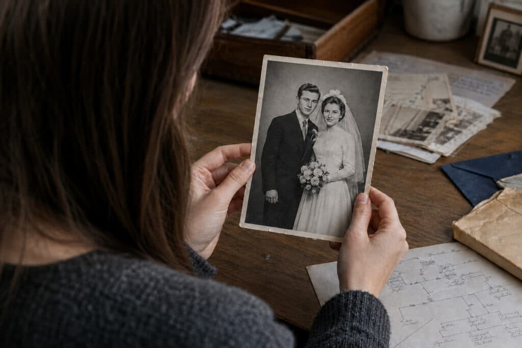 A woman holds a picture of her grandparents on their marriage day, in anticipation of her citizenship by descent application.