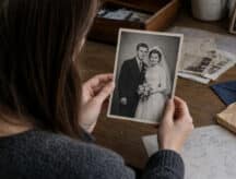 A woman holds a picture of her grandparents on their marriage day, in anticipation of her citizenship by descent application.