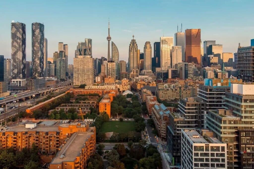 An aerial view of Toronto skyline at sunset.