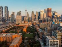 An aerial view of Toronto skyline at sunset.