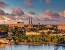 View of churches and other buildings in Charlottetown, Prince Edward Island, shot at dusk.
