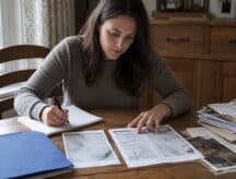 A woman pours over her gathered documents, trying to determine what information she still needs.