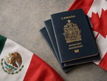 A picture featuring the Canadian and Mexican flags as well as the Canadian passport.