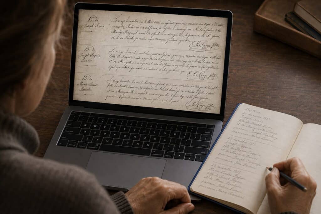 A woman takes notes on the baptism record for her Quebec born ancestor