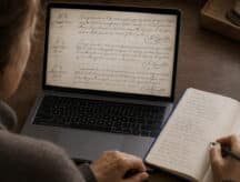 A woman takes notes on the baptism record for her Quebec born ancestor