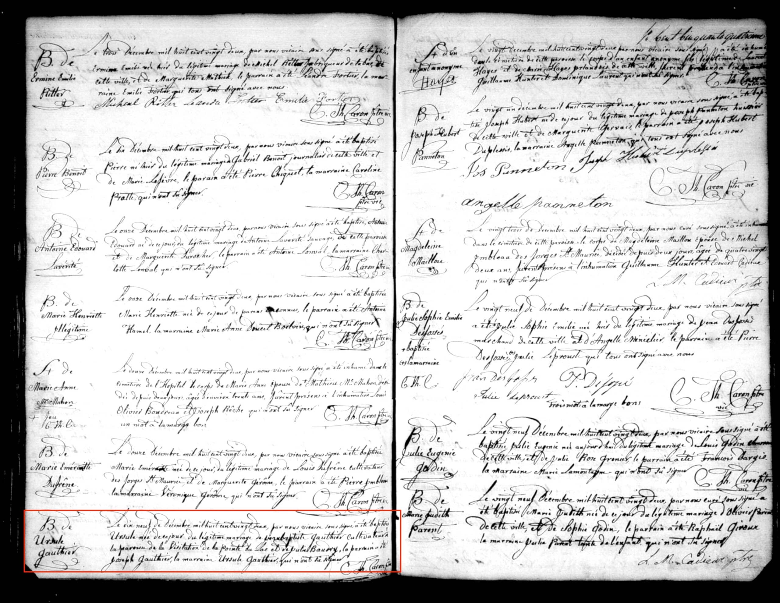 An image depicting a page from a Quebec parish record from 1822