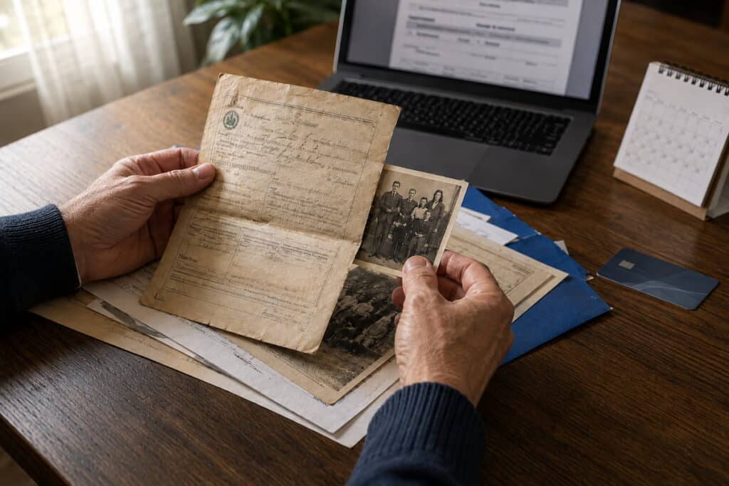 A man reviews the supporting documentation for his proof of citizenship application.