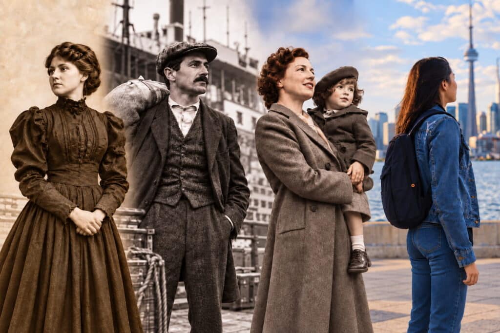 A composite image showing a woman's descent chain through the ages.