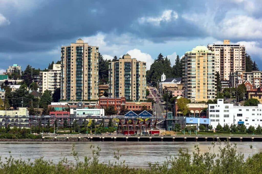The Center of City at the Waterfront of Fraser River in Westminster, British Columbia.