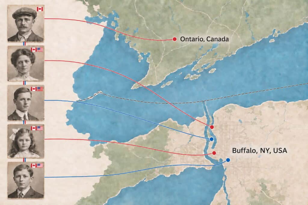 A map showing Buffalo and Ontario with a family tree next to it pointing to places of birth of each of the members.