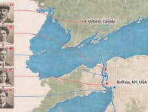 A map showing Buffalo and Ontario with a family tree next to it pointing to places of birth of each of the members.
