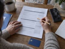 A woman looks at an immigration lawyer's credentials and information before deciding to commit a payment