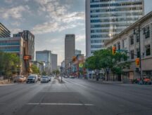 Dawn view of the intersection of Carlton Street and Portage Avenue, in Winnipeg, Manitoba.