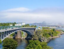 Reversing Falls bridge in Saint John, NB, Canada, seen from Wolastoq Park.