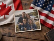 A picture of an American family with the Canadian and American flags in the background.