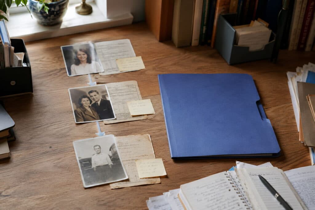 A busy desk with documents assembled for a proof of citizenship application.
