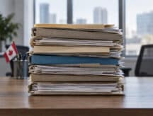 A stack of files sits on a desk, with the Canadian flag in the background.