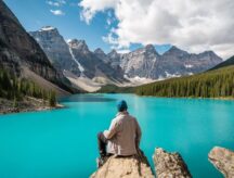 Hiker at Moraine Lake during summer in Banff National Park, Alberta, Canada.