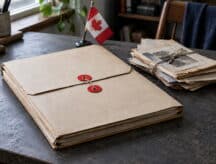 A multi-document folder and a stack of documents sit atop the table of a Canadian citizenship by descent applicant