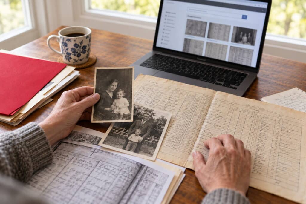 An older person's hands hold a vintage photo of a mother and child over a desk covered in historical census and parish records, with a laptop showing a records search.